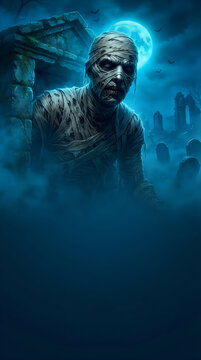 Mummy emerging from stone crypt in eerie graveyard at night
