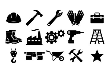 Fototapeta premium Set of black silhouette icons representing various labor elements including construction tools industrial equipment and safety gear for workers