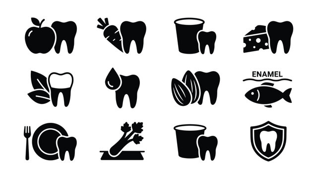 Black and White Tooth Friendly Foods and Habits Icon Set