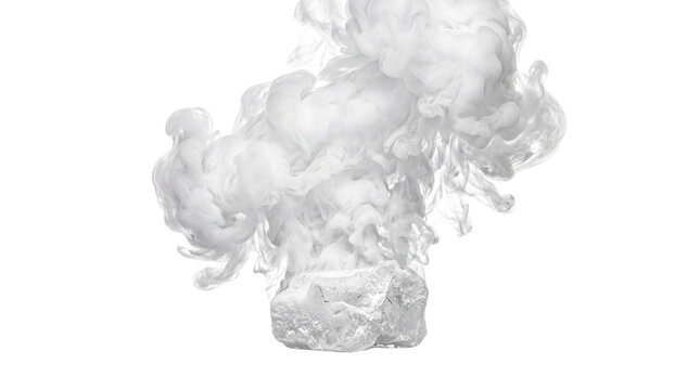 Ethereal white smoke explosion on white background. Billowing thick steam clouds. Abstract swirling vapor texture for design overlays.