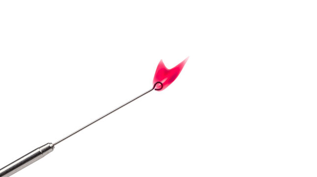 Inoculating loop with pink liquid drop, laboratory microbiology tool for bacterial culture, sterile metal wire with fluid sample