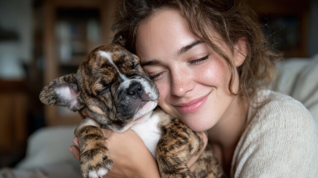 A joyful woman cuddles a small puppy, basking in warmth and affection, symbolizing the love and happiness inherent in the bond between humans and their beloved pets.