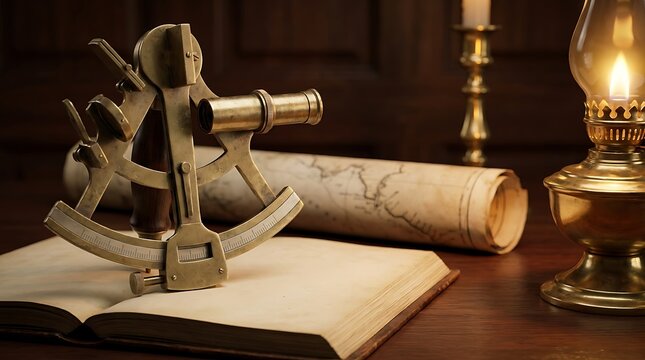 Brass nautical sextant navigation tool resting on blank antique book with rolled maritime chart and lighted oil lamp illuminating dark wooden captain table.