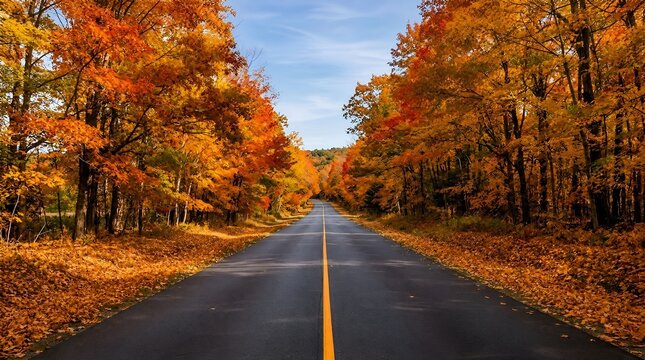 Empty asphalt road through a beautiful autumn forest with vibrant red and yellow maple trees, premium stock photo background, Generative AI
