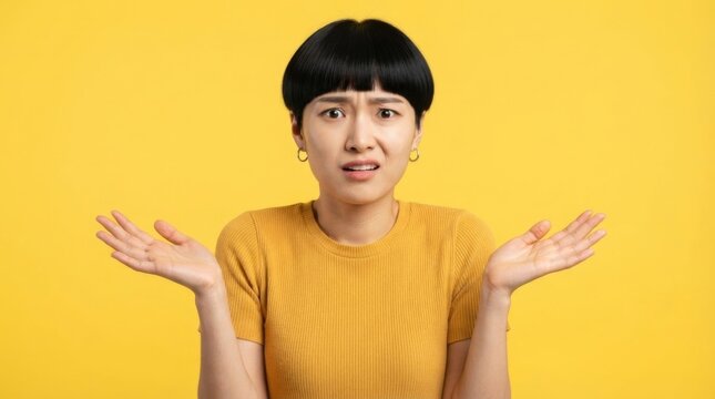 Confused asian woman shrugging shoulders with raised hands. Girl with puzzled doubtful face expression having question. Uncertainty, misunderstanding and doubt concept.