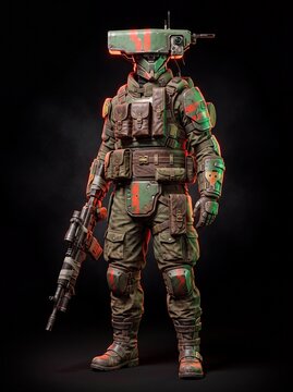 Robot soldier stands in a dynamic pose with a weapon and tactical gear in a dark setting