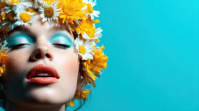 A captivating portrait showcasing a woman adorned with a vibrant flower crown, expressing beauty and serenity against a serene turquoise background.