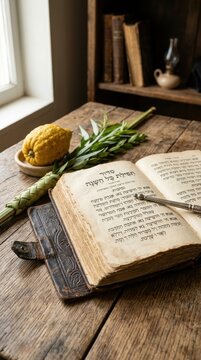 Vintage Jewish Prayer Book with Lulav and Etrog for Sukkot Holiday