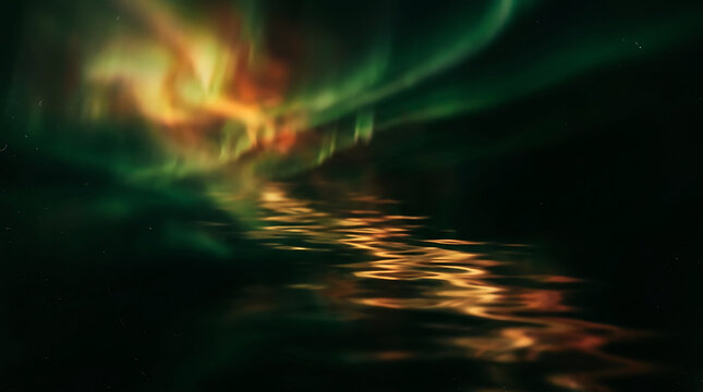 Vibrant green aurora borealis reflecting on dark water waves at night