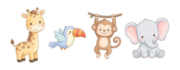 Fototapeta premium Cute Safari Animals: A delightful collection of cartoon safari animals including a giraffe, toucan, monkey, and elephant, rendered in a charming watercolor style.