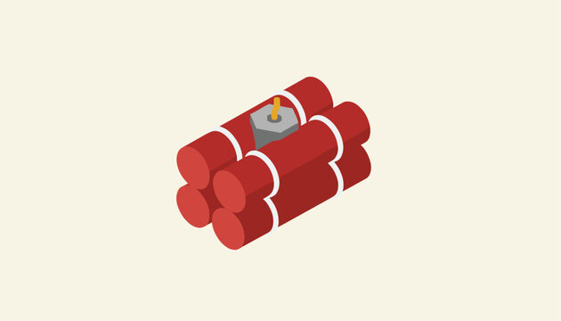Bundle of four red dynamite sticks tied together with white tape and a lit fuse ready for ignition on a plain light background surface.