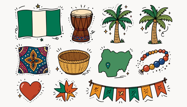 Nigeria Culture and National Heritage Hand Drawn Doodle Icon Collection with Nigerian Flag, Traditional Drum, Palm Trees, Map, Woven Baskets, Beads, Heart and Festival Bunting

