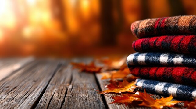 A stack of warm, colorful flannel blankets rests on a rustic wooden table, surrounded by vibrant autumn leaves, capturing the essence of fall comfort and coziness.
