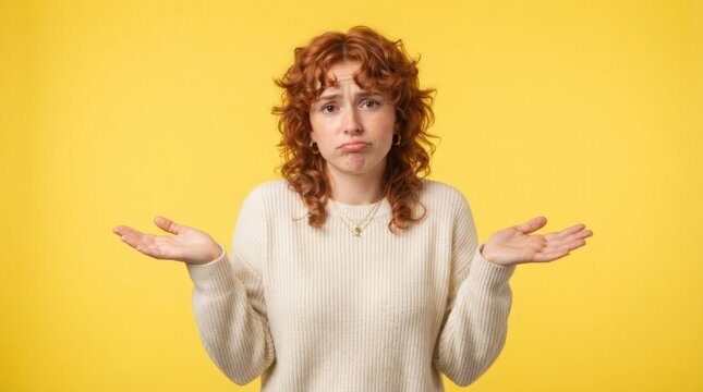 Confused young woman with curly red hair shrugging shoulders and showing puzzled doubtful expression isolated on yellow studio background. Doubt, uncertainty and question concept.