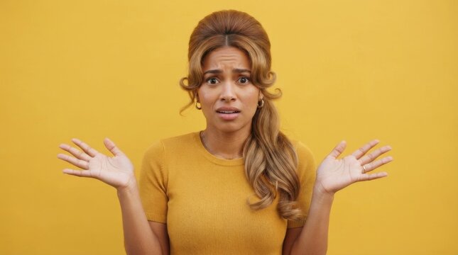 Confused woman shrugging shoulders with open palms on yellow background. Perplexed female expressing doubt and misunderstanding. Emotion of uncertainty and bewilderment concept