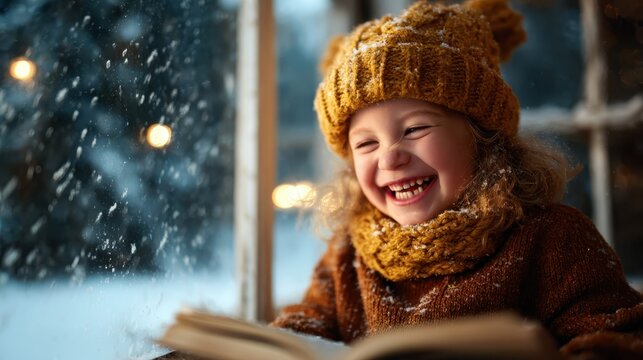 A delighted child, bundled in cozy winter attire, laughs joyfully while reading by a window, as snowflakes gently fall outside, creating a warm, heartwarming holiday ambiance.