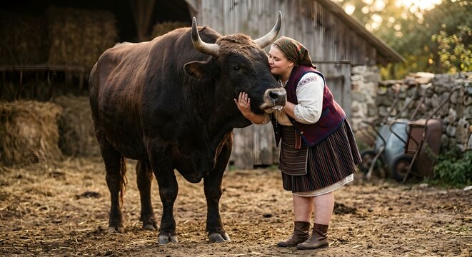 Cinematic photo of a plus-size European peasant woman in traditional dress embracing and kissing a massive bull's muzzle in a rustic barnyard