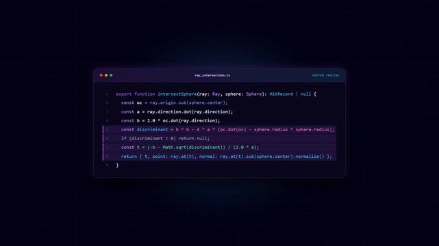 A screen recording shows lines of code within a ray-tracing function being highlighted sequentially in a dark-themed editor, illustrating the step-by-step logic of the algorithm.