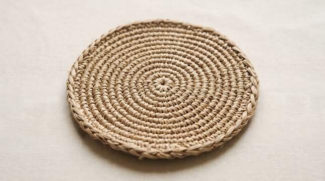 Top view of a circular handwoven raffia straw coaster showing a natural spiral braid texture on a clean neutral fabric surface.