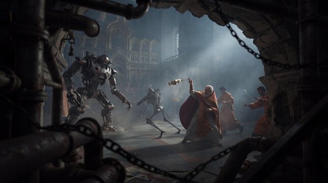 Battle between robots and a wizard in an ancient building at dusk