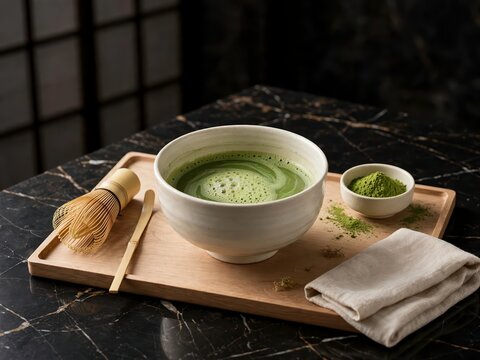 Japanese Matcha Green Tea Bowl with Bamboo Whisk on Wooden Tray
