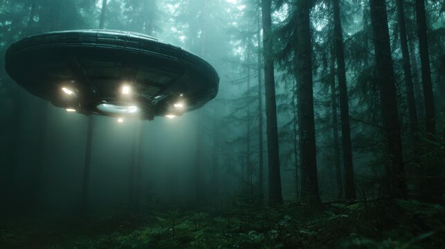 A fascinating representation of a UFO hovering above a mist-covered forest, creating an enigmatic atmosphere that sparks curiosity and wonder about extraterrestrial life and our universe.