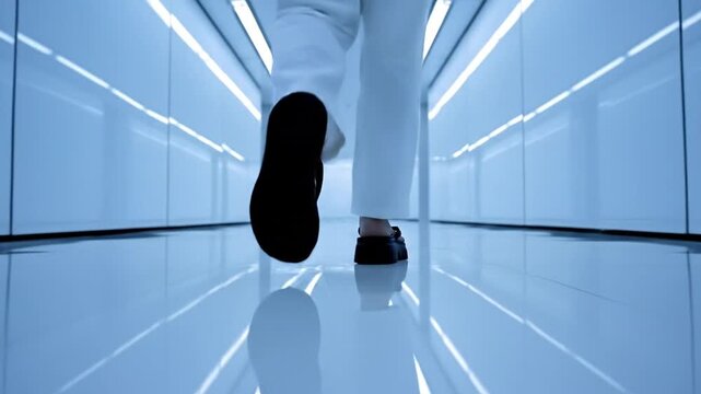 Low-angle view of a person in white trousers walking down a futuristic, brightly lit corridor with reflective floors and neon light strips, creating a sterile, sci-fi atmosphere.