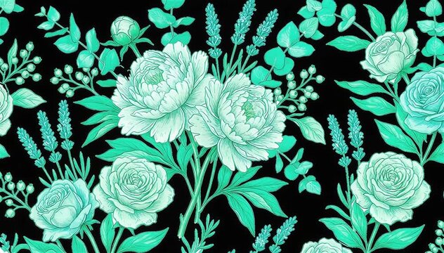 Mint green floral pattern on black background, elegant botanical roses and peonies, vintage hand-drawn flower garden aesthetic