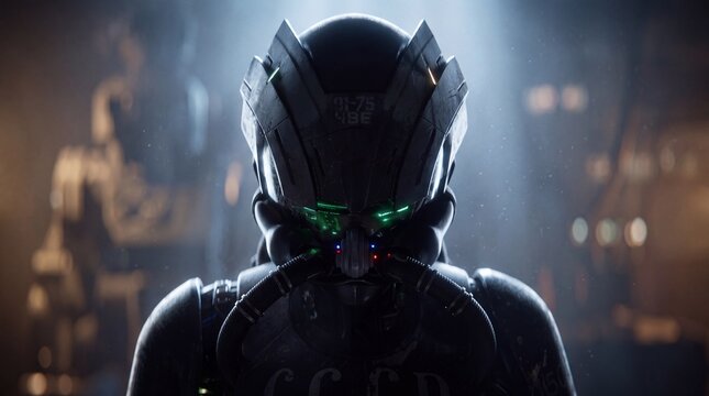 Shadowy figure in a futuristic setting with glowing elements and a dark atmosphere