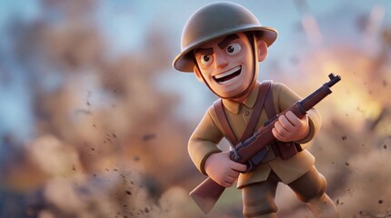 Naklejka premium Soldier character with a rifle in a battle scene with explosions and smoke in the background