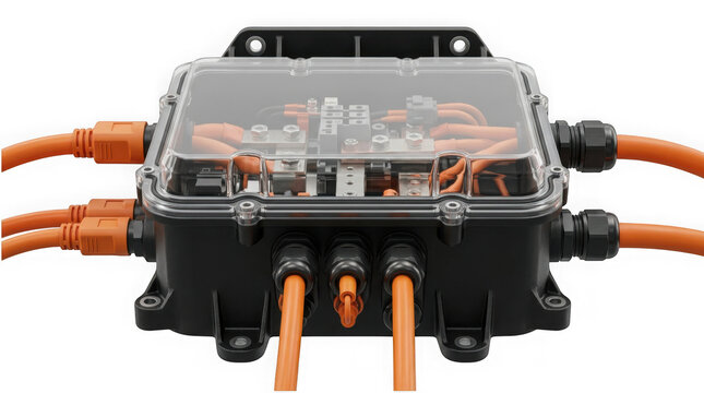 electric vehicle power distribution unit with orange high voltage cables isolated on transparent background