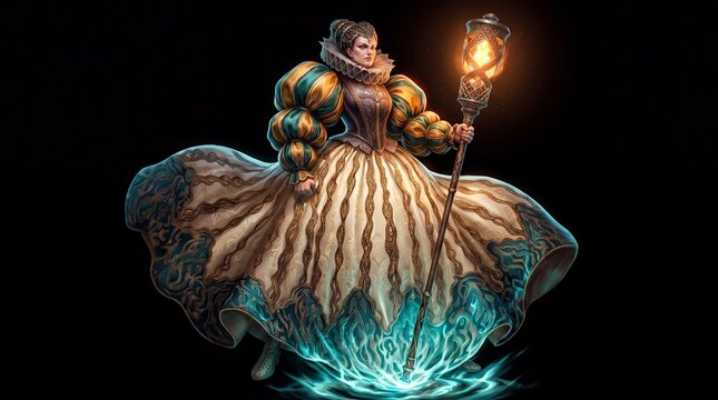 Illustration of a character in a dress holding a lit lantern, standing on a blue glowing surface