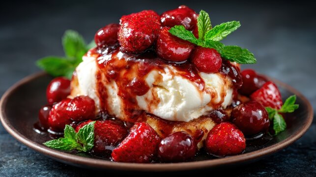 An inviting dessert featuring luscious strawberries atop creamy ice cream, drizzled with sweet sauce and decorated with mint leaves, creating a delightful indulgence for sweet lovers.
