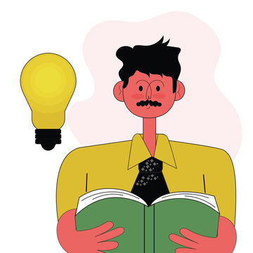 A man reading book with lightbulb ideas 