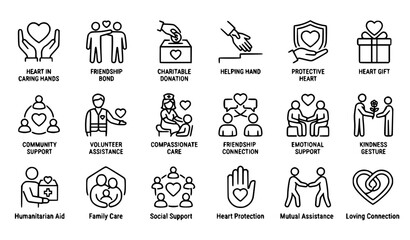 Fototapeta premium Love Friendship Care and Charity 64x64 Pixel Perfect Outline Icon Set for Compassion Support and Human Connection