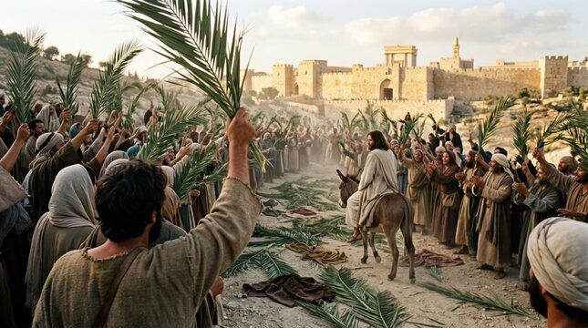 Biblical scene of jesus entering jerusalem on a donkey during palm sunday