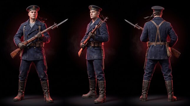 War soldier stands with rifle in three poses showing details of uniform and gear in a dark setting