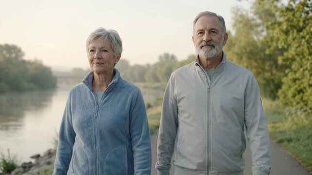 Active Senior Couple Smiling And Walking Together On River Path