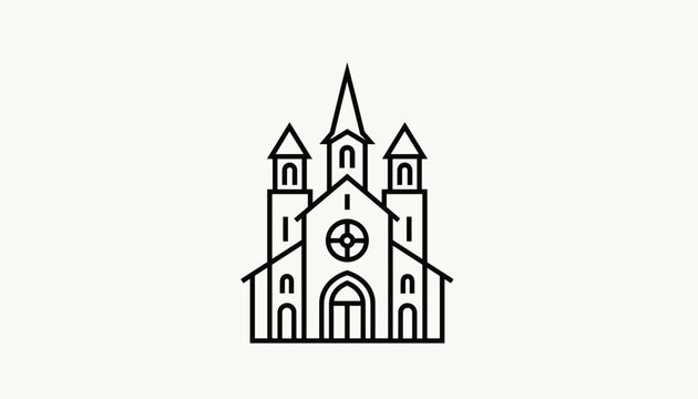Simple line art icon of a church building with three towers and a cross, representing architecture and religious institutions.