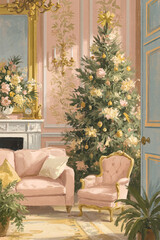 Naklejka premium Elegant rococo living room interior with Christmas tree, festive holiday decor, and pink furniture creating a luxurious, cozy atmosphere