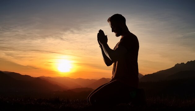 Prayer. Repentance. A man on his knees. Silhouette of a man on a blue sky background. Kneeling Prayer to God. Glorification. Praising God. Christian. Zeal for God