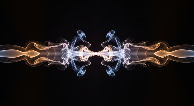 Symmetrical smoke patterns in blue and orange against black background
