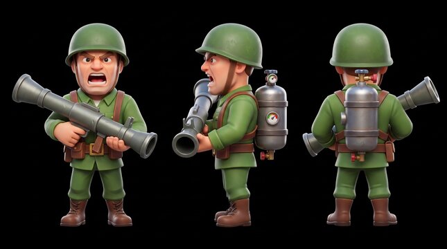 Character design of a soldier with a weapon and back equipment in a cartoon style