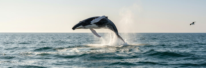 Powerful humpback whale breaching, majestic marine mammal jumping out of ocean water, dynamic sea creature action shot, natural wildlife photography with plenty of copy space © Habibur