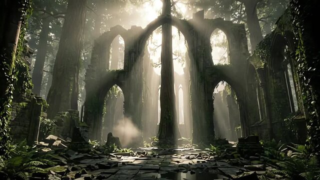 Sunbeams illuminating ancient gothic ruins in a misty dark forest