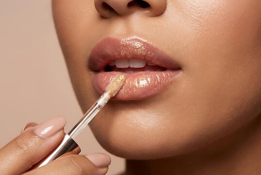 Close up of a beautiful woman applying sparkling lip gloss with an applicator, shimmering golden lip gloss for moisturizing effect, and professional lip gloss makeup routine on natural skin.