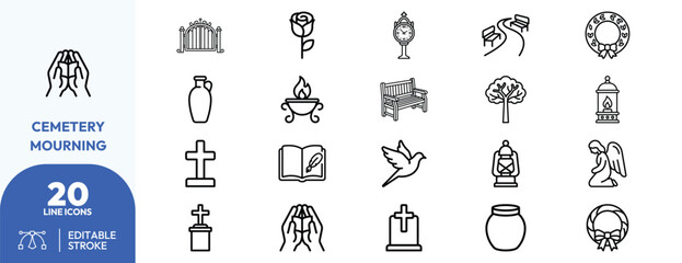 Naklejka premium Funeral Mourning hands, crosses, roses, lanterns, angels, tombstones, cemetery. Editable stroke. Vector illustration.
