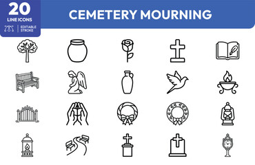 Naklejka premium Cemetery Mourning Symbols tree, urn, wreath, candle, tombstone, angel, prayer book, bench, cross, flame. Editable stroke. Vector illustration.
