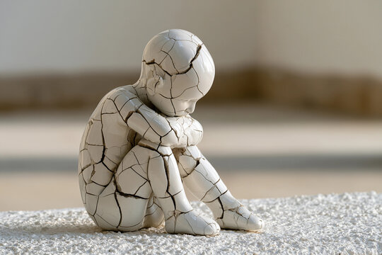 Broken marble child figure assembled from many pieces sits in despair pose on abandoned background. Psychotherapy, childhood trauma and mental health concept. Sculpture art for banner with copy space