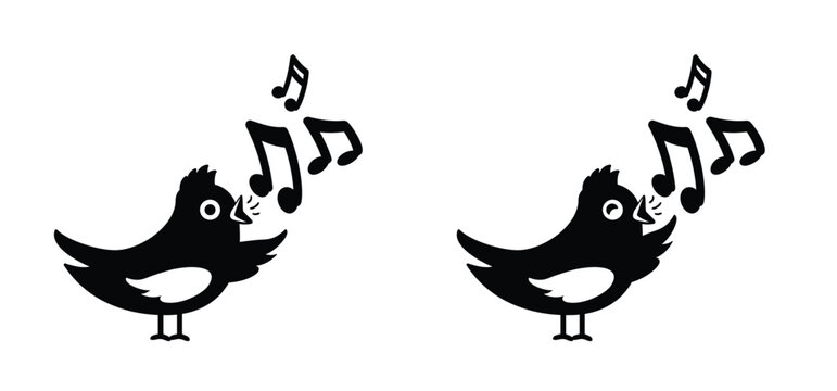 Musical notes stave and bird symbol. Singing birds, one with a simple tune, one with an elaborate melody. For staff and music key note theme. Musical merriment